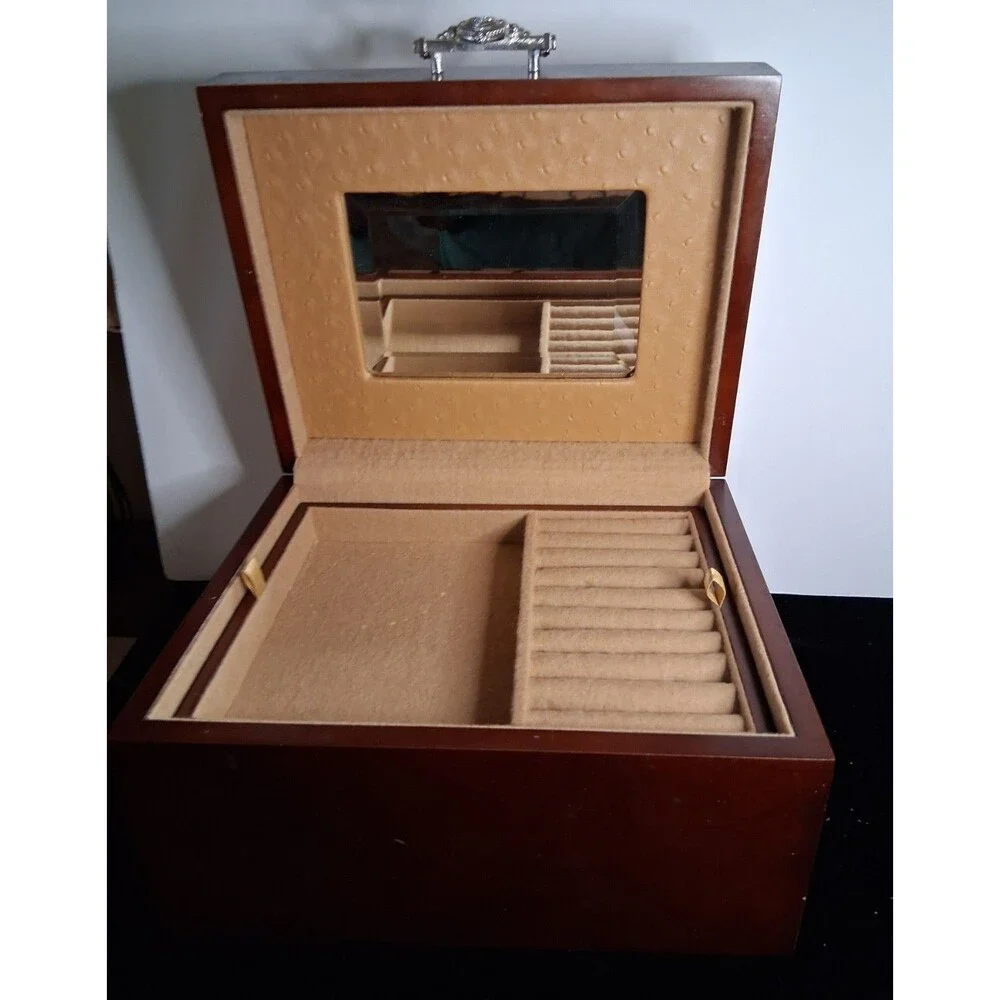 Vintage Judith Ripka Wooden Jewelry Box Faux Ostrich Leather Top 3  Levels